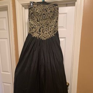 Black prom dress with gold embellishments